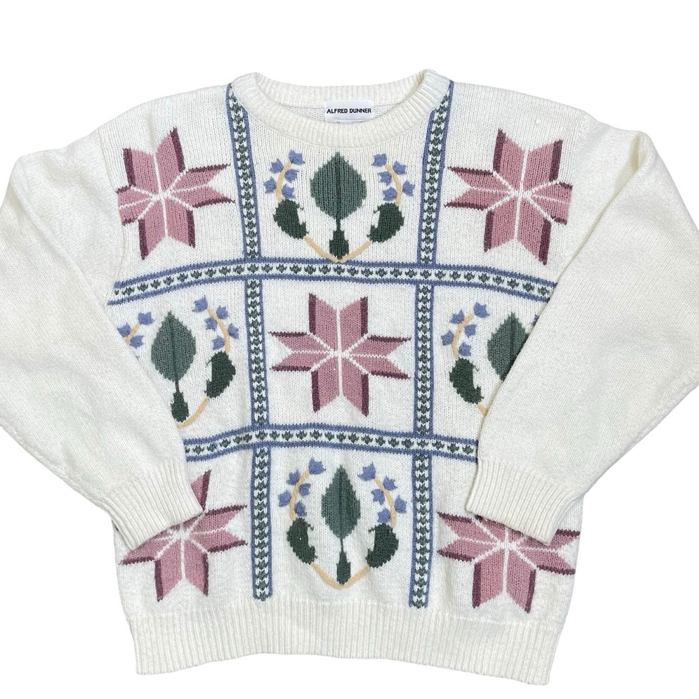 Vintage Alfred Dunner Floral Snowflake Sweater Womensโ L White Knit Fair Isle